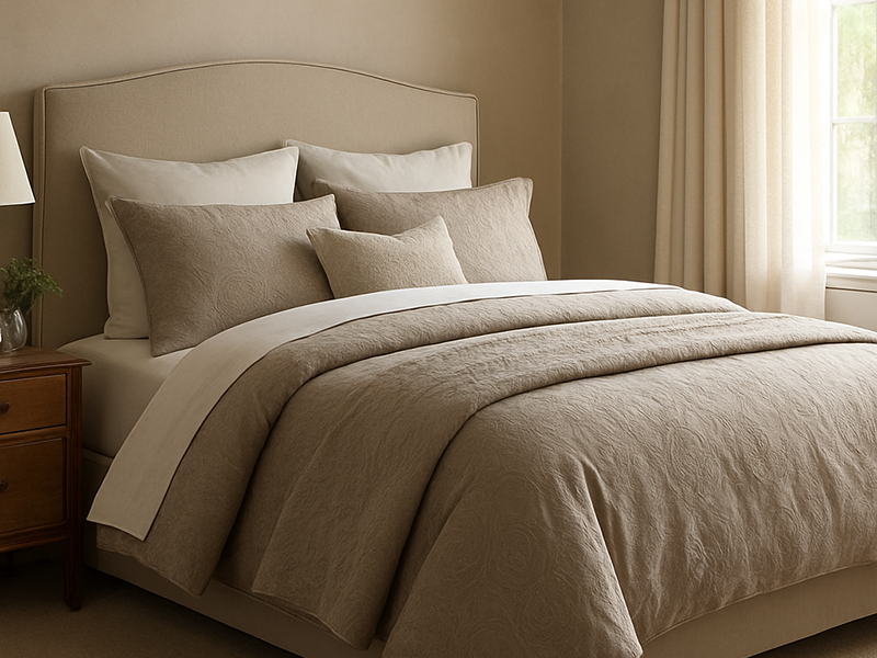 An image of a bed with lovely bedding on it